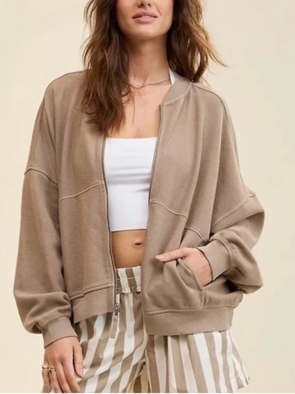 Aerie Women’s Full-Zip Comfy Bomber Jacket - Taupe